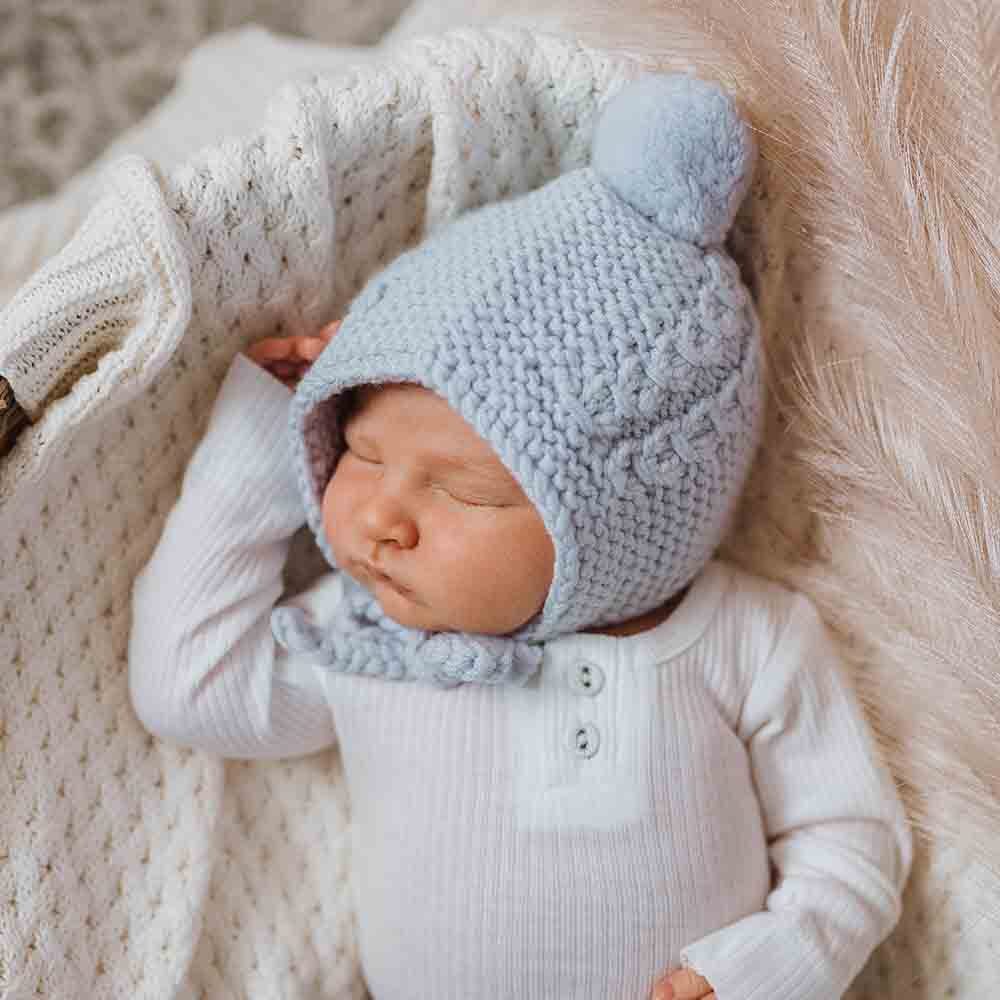Blue Merino Wool Bonnet & Booties