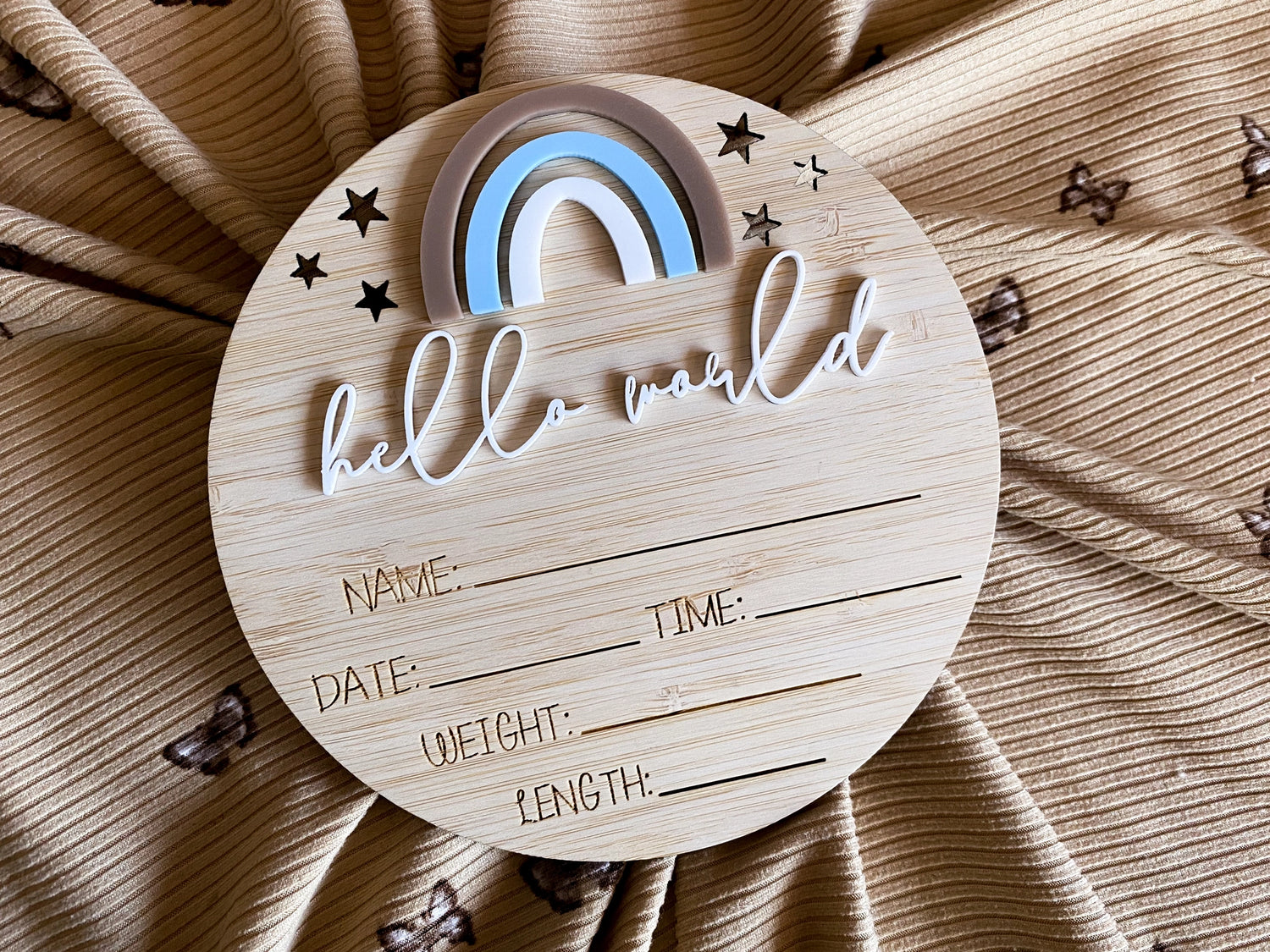 Rainbow Neutral and Blue Round Writeable Birth Announcement Sign