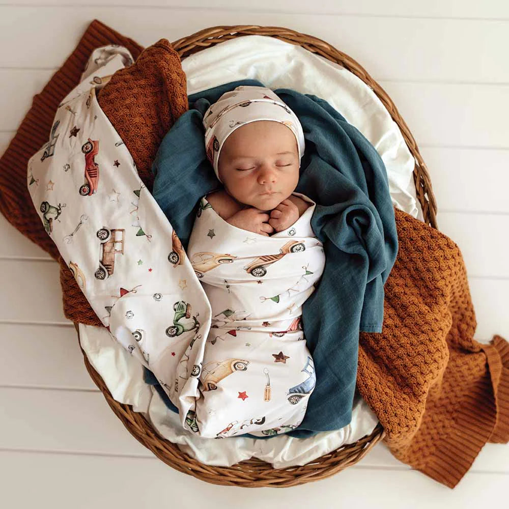 Vintage Cars Organic Jersey Wrap &amp; Beanie Set
