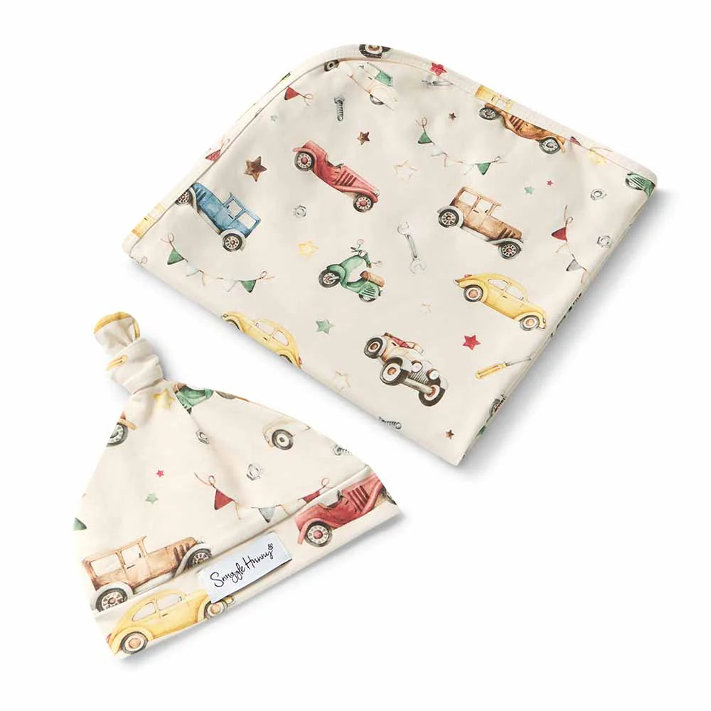 Vintage Cars Organic Jersey Wrap &amp; Beanie Set