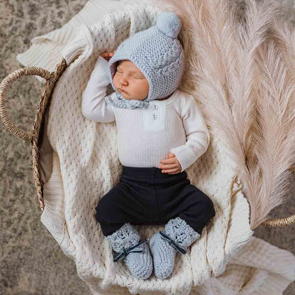 Blue Merino Wool Bonnet &amp; Booties