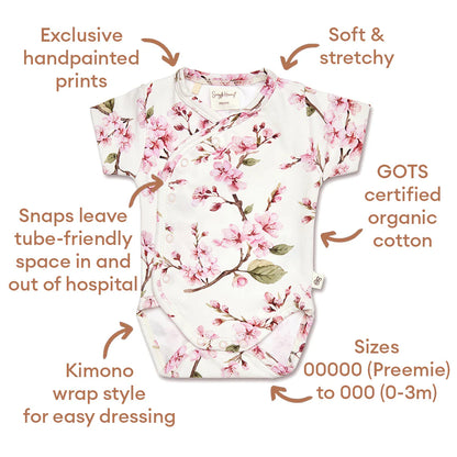 Cherry Blossom Short Sleeve Organic Kimono Bodysuit