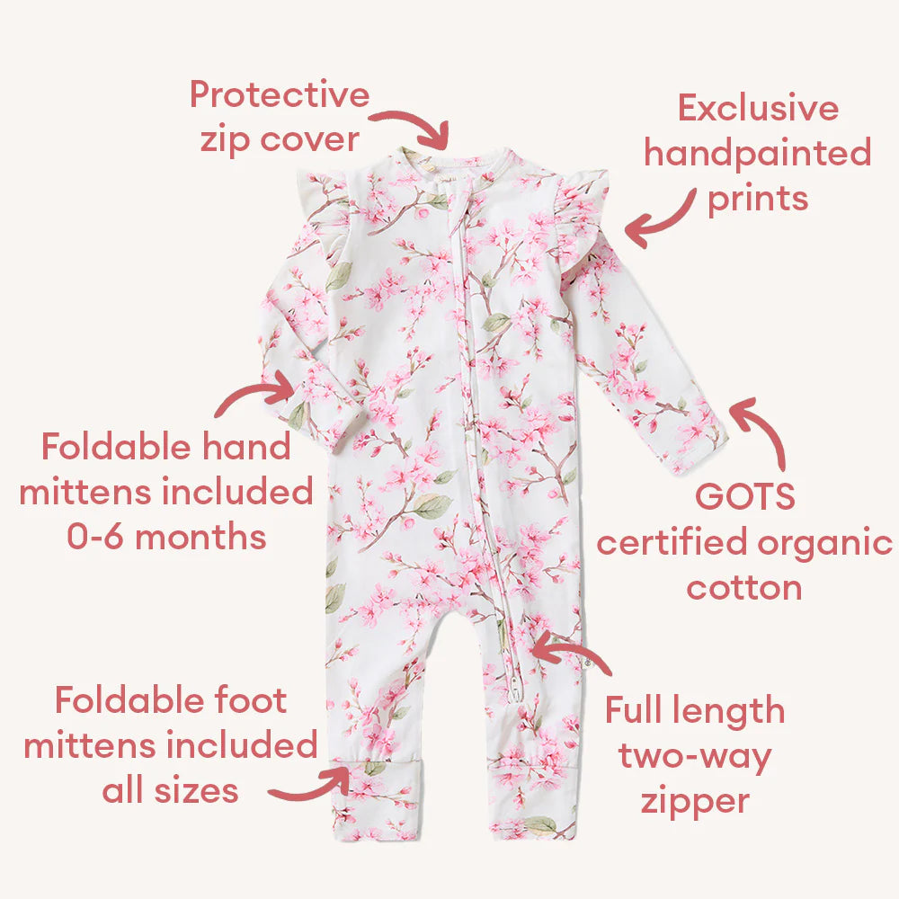 Cherry Blossom Organic Snugglesuit Convertible Romper with Frill