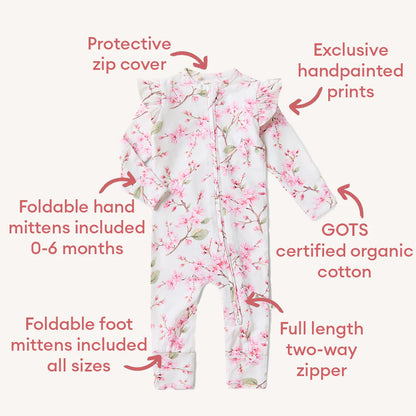 Cherry Blossom Organic Snugglesuit Convertible Romper with Frill