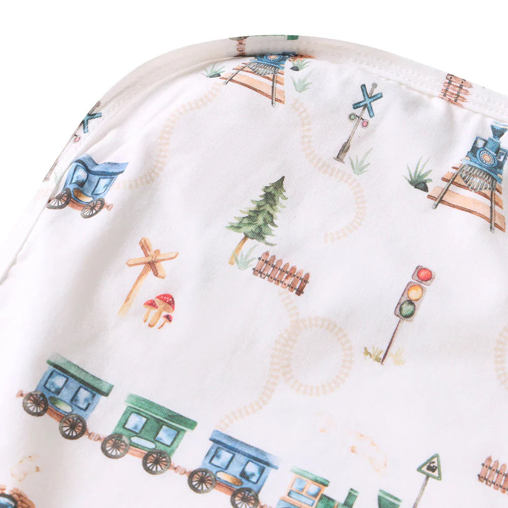 Trains Organic Jersey Wrap &amp; Beanie Set