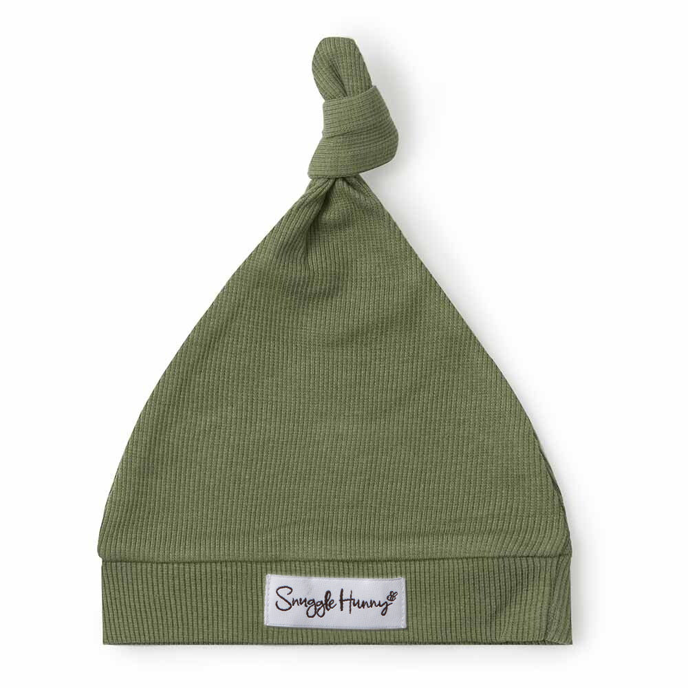 Olive Ribbed Organic Knotted Beanie