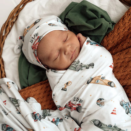Little Racers Organic Jersey Wrap &amp; Beanie Set