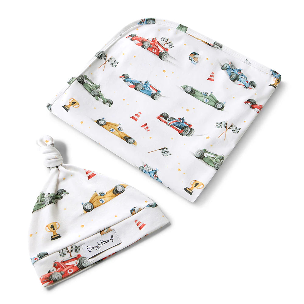 Little Racers Organic Jersey Wrap &amp; Beanie Set