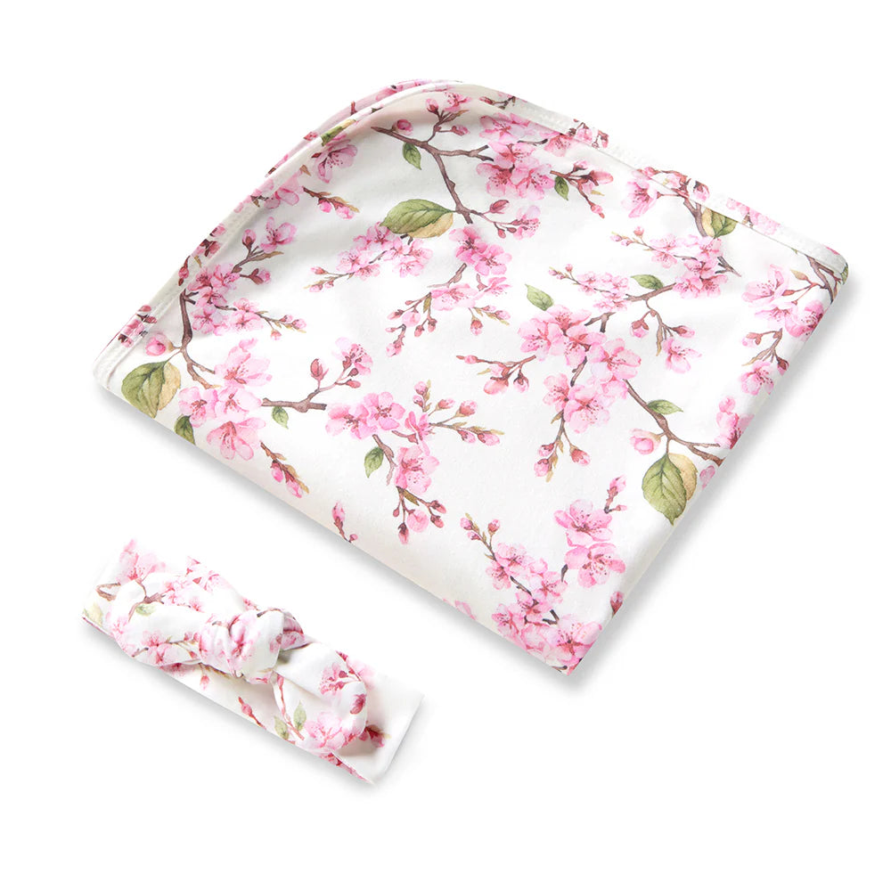 Cherry Blossom Organic Jersey Wrap &amp; Topknot Set
