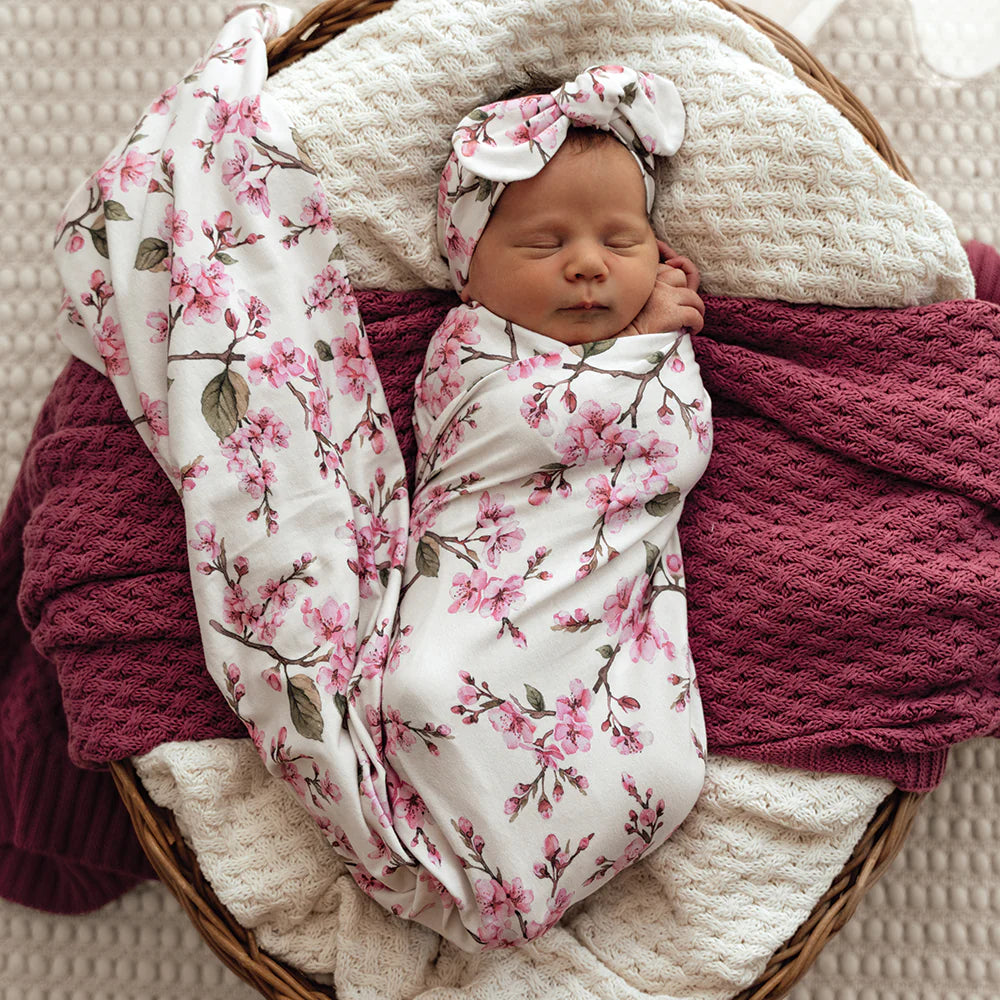 Cherry Blossom Organic Jersey Wrap &amp; Topknot Set
