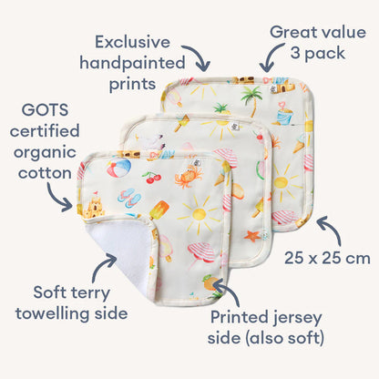 Beach Fun Organic Wash Cloths - 3 Pack
